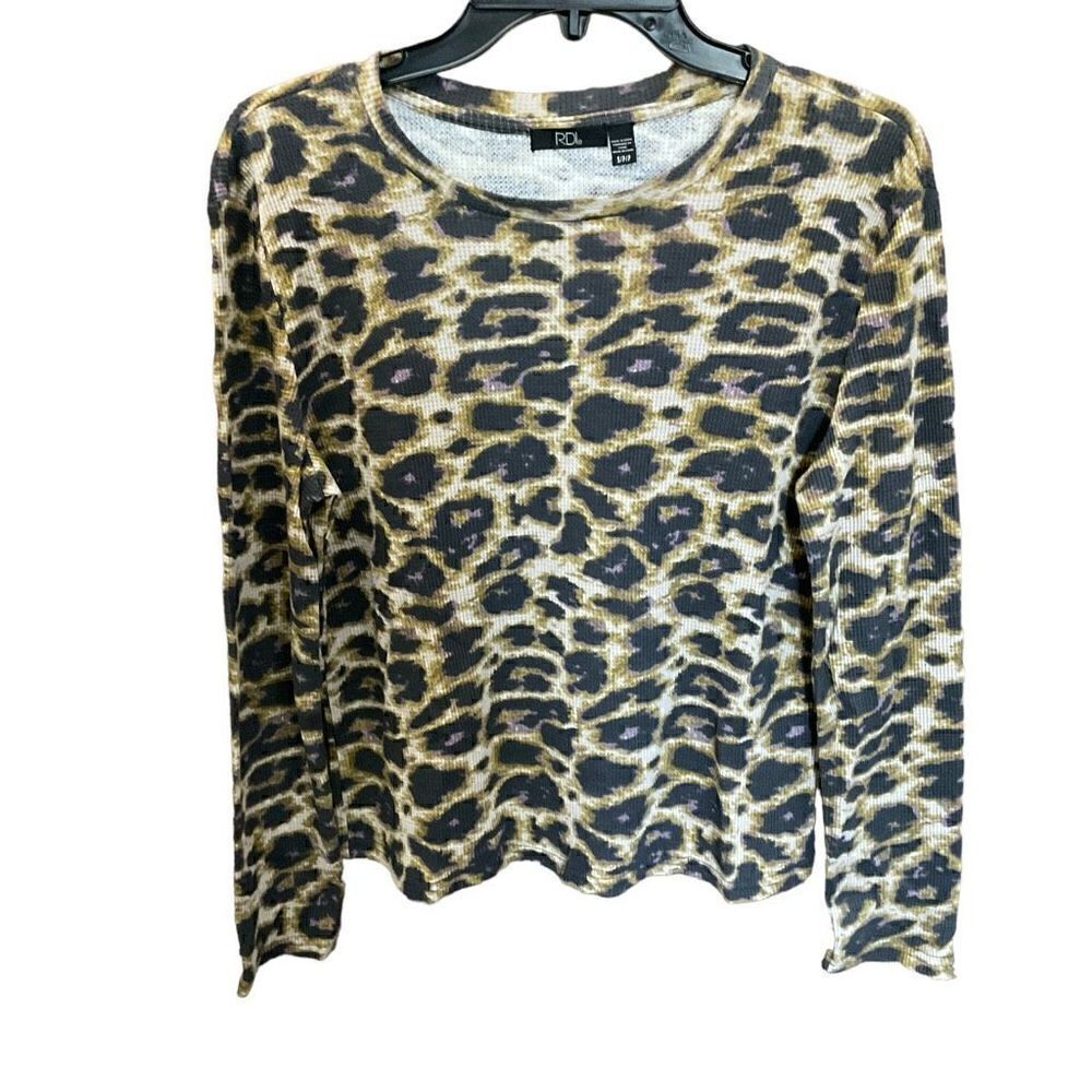 RDI Top Pullover Crew Neck Leopard Camouflage Print Tan Black Pink Yellow Small